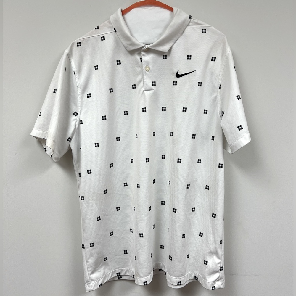Nike Men’s White and Navy Blue Square Pattern Polo Golf Shirt Size Large